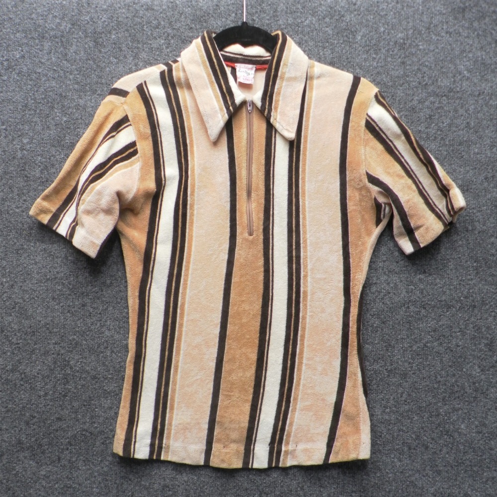 Hartog Polo Shirt Mens S Brown Striped Terry Cloth 70s Retro Quarter Zip Mod